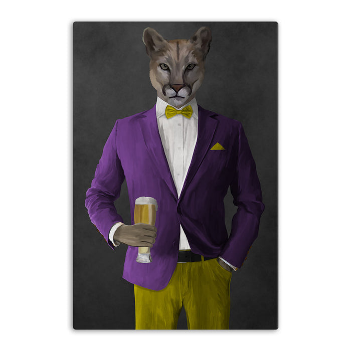 Cougar Drinking Beer Wall Art - Purple and Yellow Suit