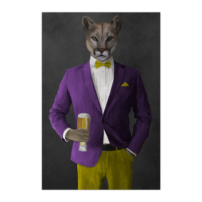 Cougar Drinking Beer Wall Art - Purple and Yellow Suit