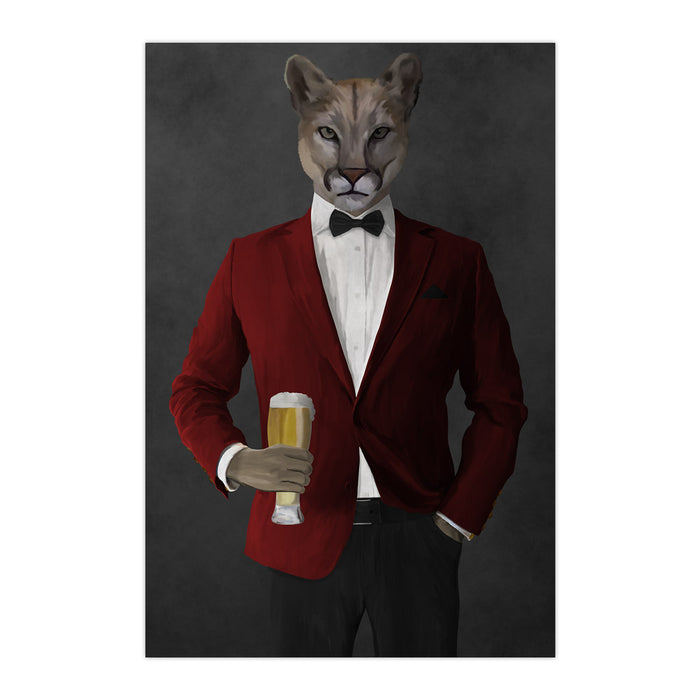 Cougar Drinking Beer Wall Art - Red and Black Suit