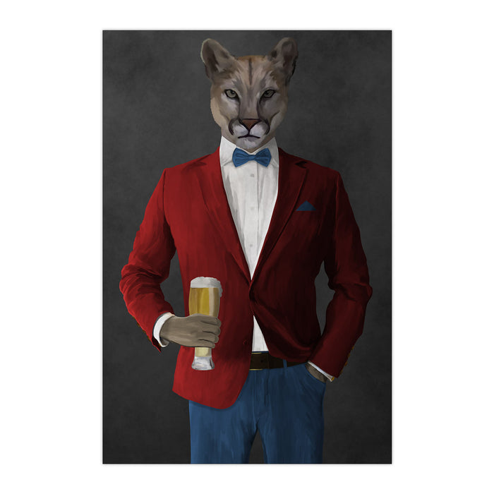 Cougar Drinking Beer Wall Art - Red and Blue Suit