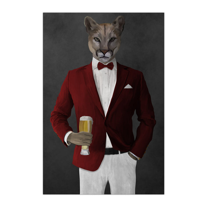 Cougar Drinking Beer Wall Art - Red and White Suit
