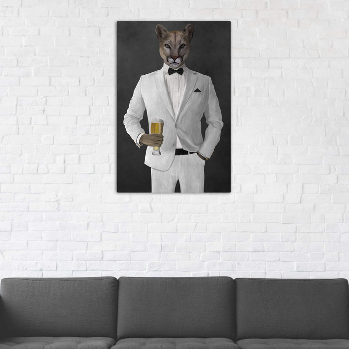 Cougar Drinking Beer Wall Art - White Suit