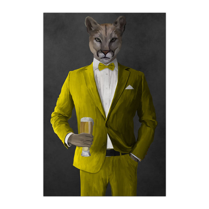Cougar Drinking Beer Wall Art - Yellow Suit