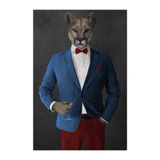 Cougar Drinking Martini Wall Art - Blue and Red Suit