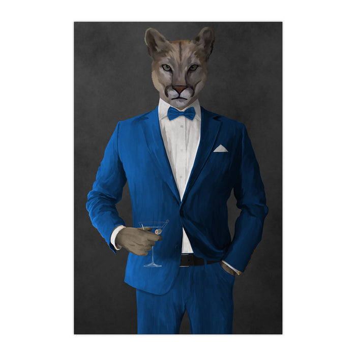Cougar Drinking Martini Wall Art - Blue Suit