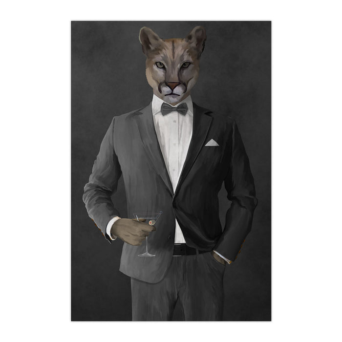 Cougar Drinking Martini Wall Art - Gray Suit