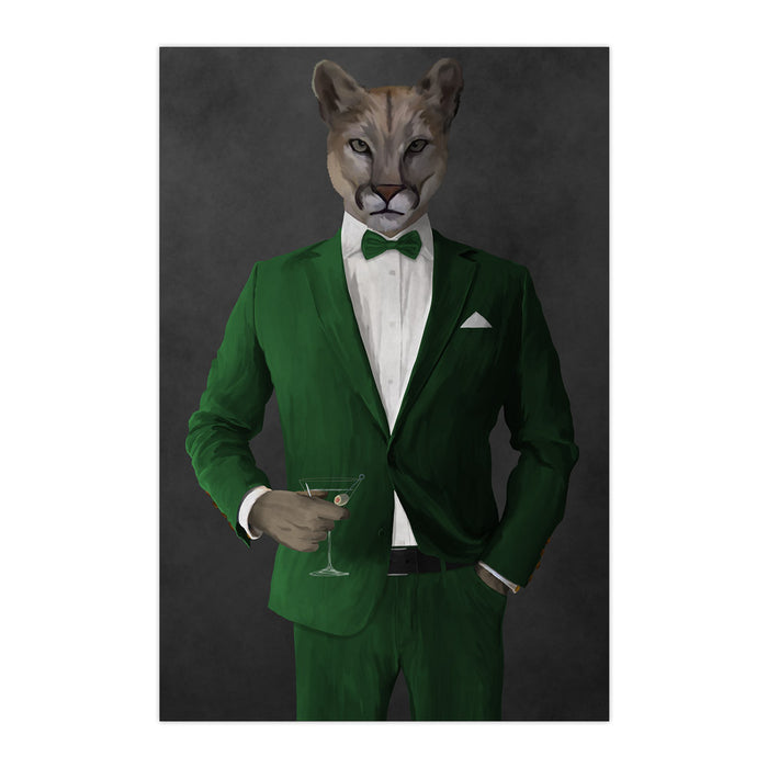 Cougar Drinking Martini Wall Art - Green Suit