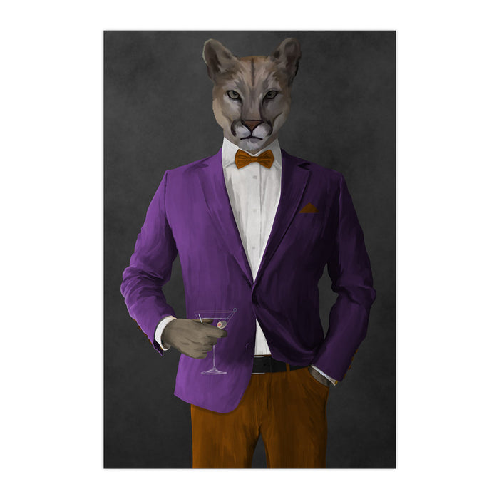 Cougar Drinking Martini Wall Art - Purple and Orange Suit