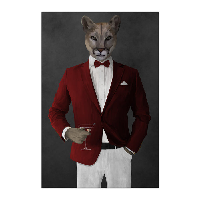 Cougar Drinking Martini Wall Art - Red and White Suit