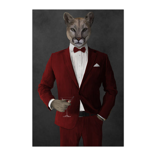Cougar Drinking Martini Wall Art - Red Suit