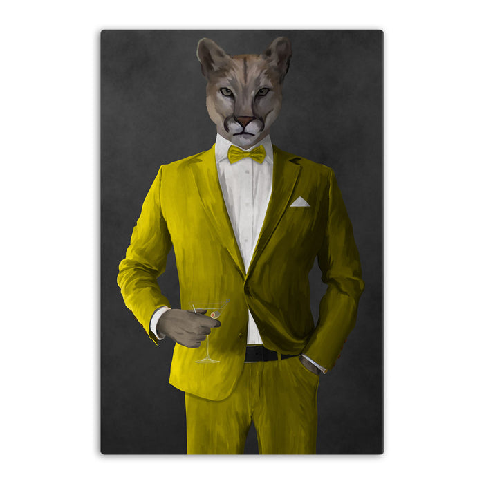 Cougar Drinking Martini Wall Art - Yellow Suit
