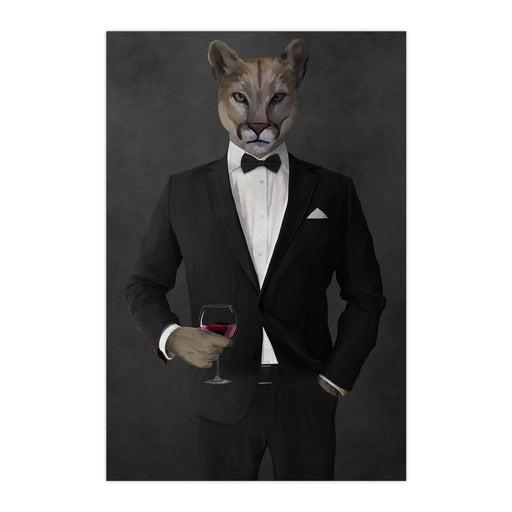 Cougar Drinking Red Wine Wall Art - Black Suit