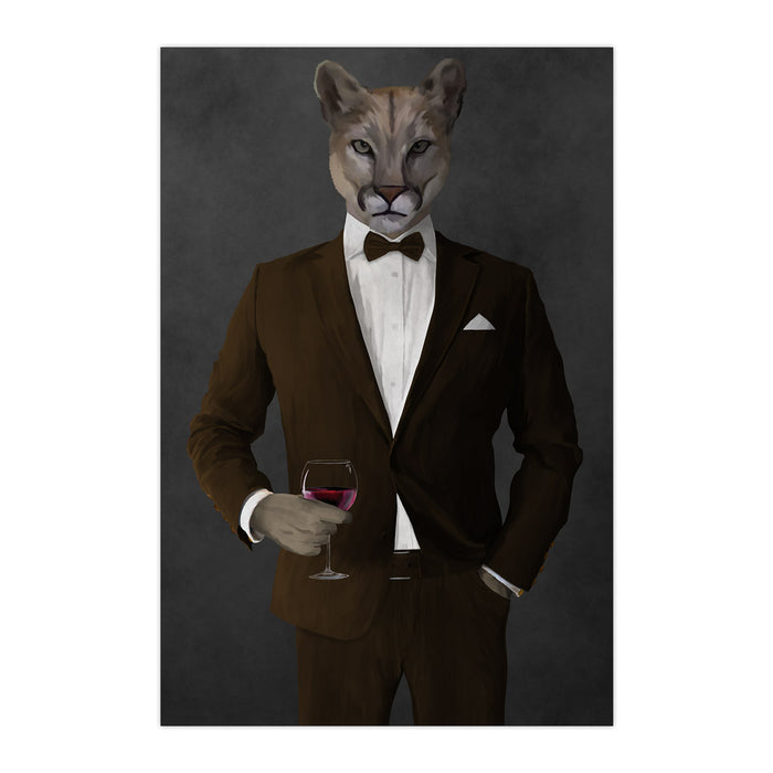 Cougar Drinking Red Wine Wall Art - Brown Suit