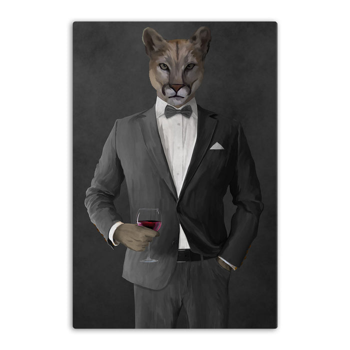 Cougar Drinking Red Wine Wall Art - Gray Suit