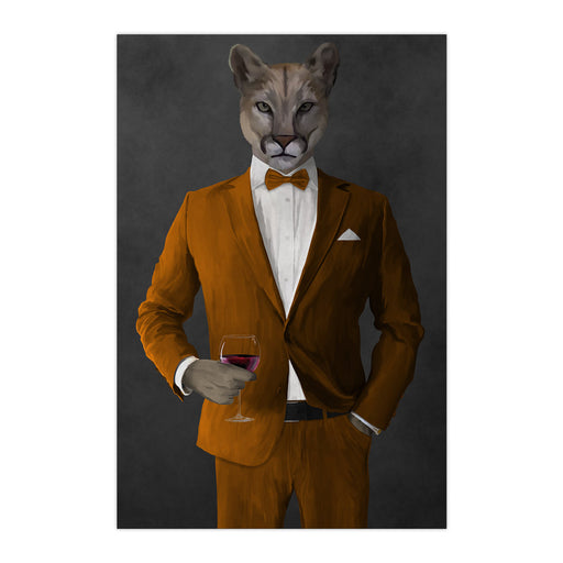 Cougar Drinking Red Wine Wall Art - Orange Suit