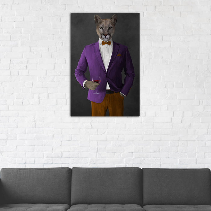 Cougar Drinking Red Wine Wall Art - Purple and Orange Suit