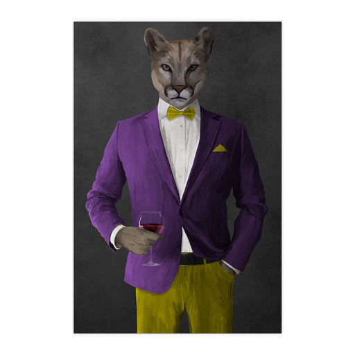 Cougar Drinking Red Wine Wall Art - Purple and Yellow Suit