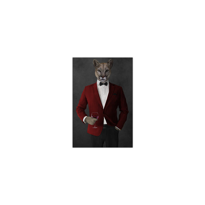 Cougar Drinking Red Wine Wall Art - Red and Black Suit