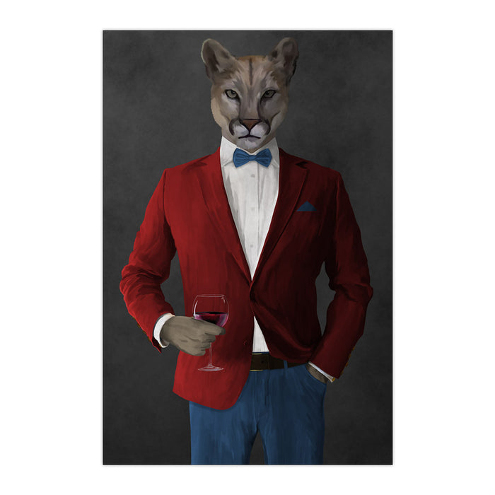 Cougar Drinking Red Wine Wall Art - Red and Blue Suit