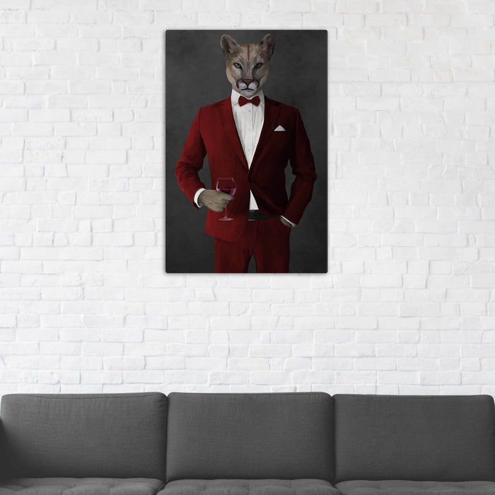 Cougar Drinking Red Wine Wall Art - Red Suit
