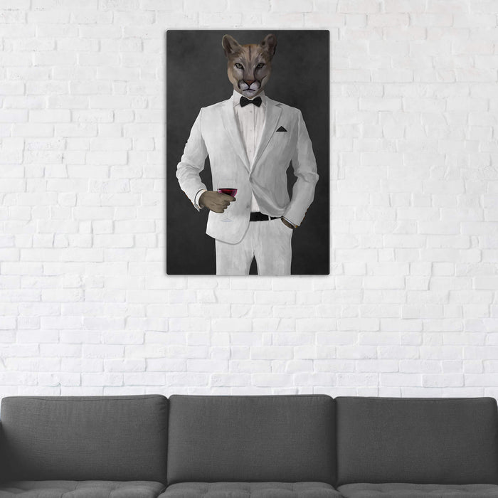 Cougar Drinking Red Wine Wall Art - White Suit