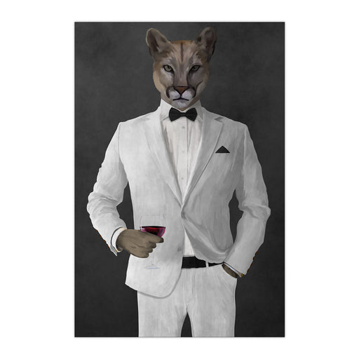 Cougar Drinking Red Wine Wall Art - White Suit