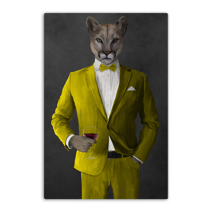 Cougar Drinking Red Wine Wall Art - Yellow Suit