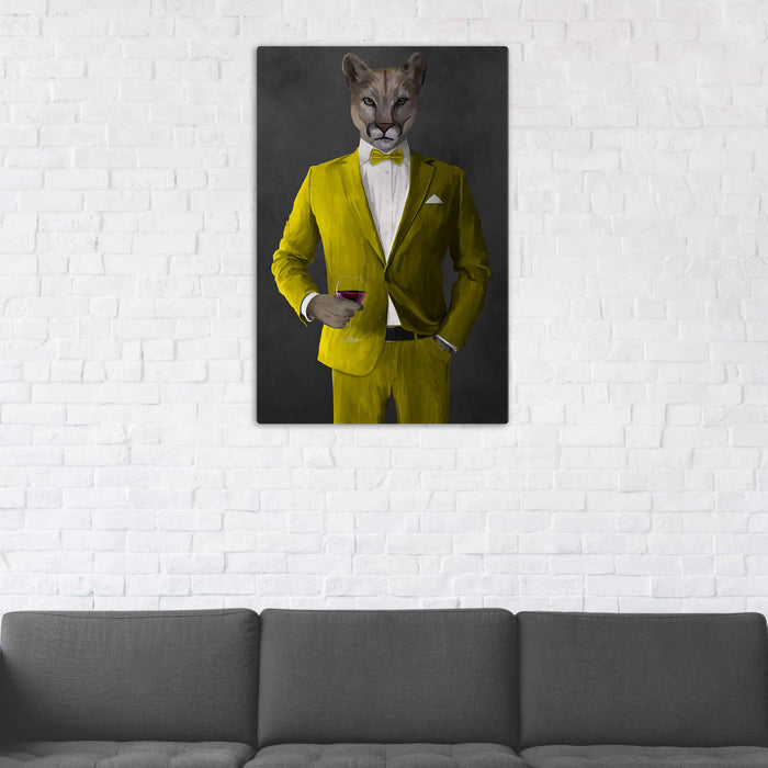 Cougar Drinking Red Wine Wall Art - Yellow Suit