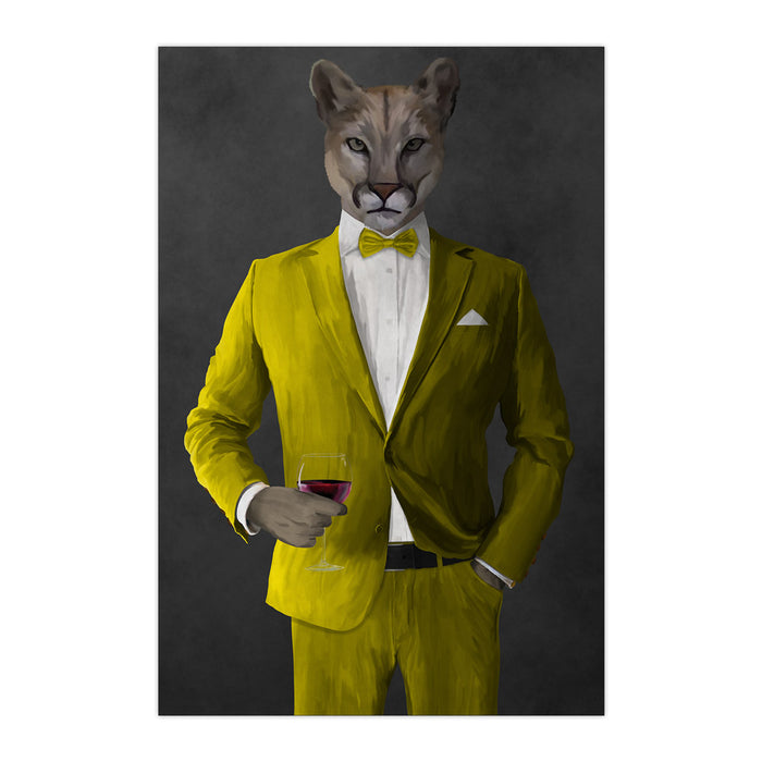 Cougar Drinking Red Wine Wall Art - Yellow Suit