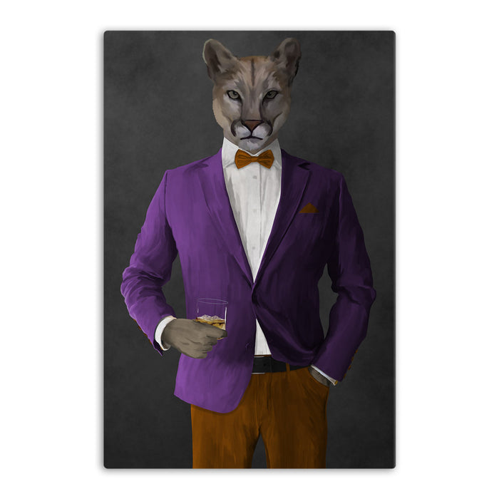 Cougar Drinking Whiskey Wall Art - Purple and Orange Suit