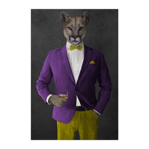 Cougar Drinking Whiskey Wall Art - Purple and Yellow Suit
