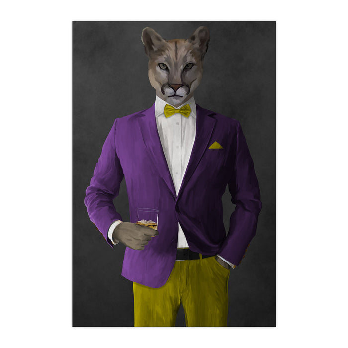 Cougar Drinking Whiskey Wall Art - Purple and Yellow Suit