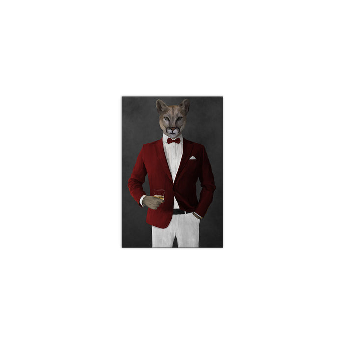 Cougar Drinking Whiskey Wall Art - Red and White Suit