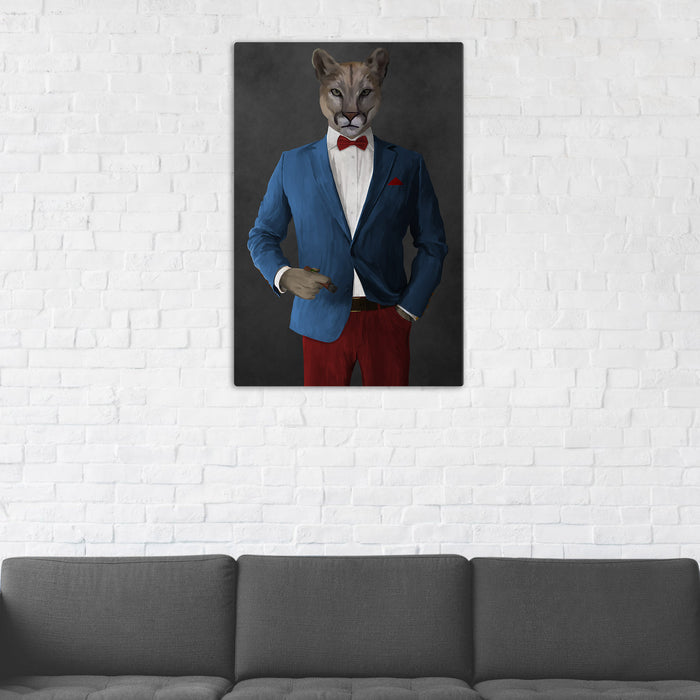 Cougar Smoking Cigar Wall Art - Blue and Red Suit