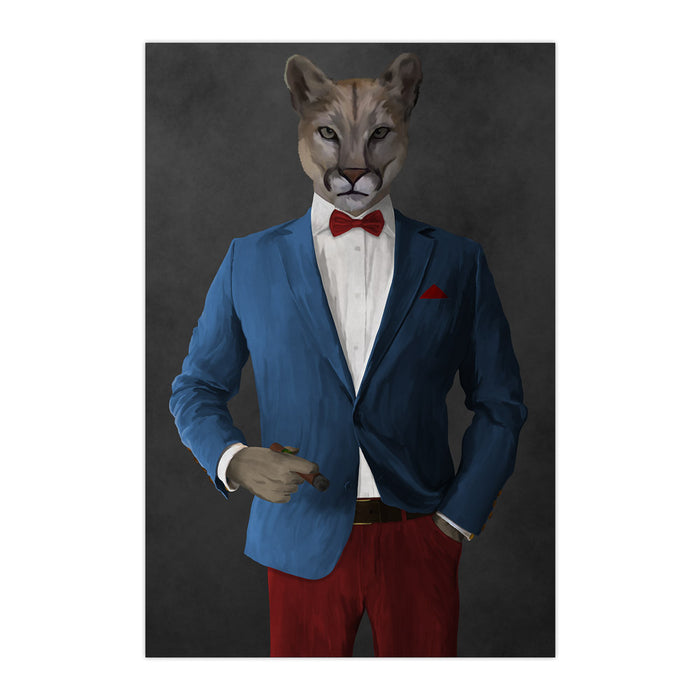 Cougar Smoking Cigar Wall Art - Blue and Red Suit