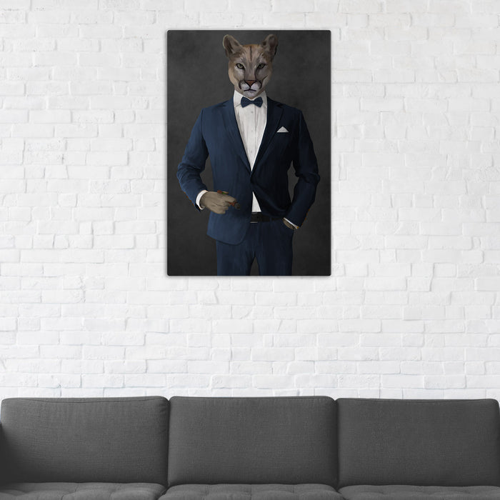 Cougar Smoking Cigar Wall Art - Navy Suit