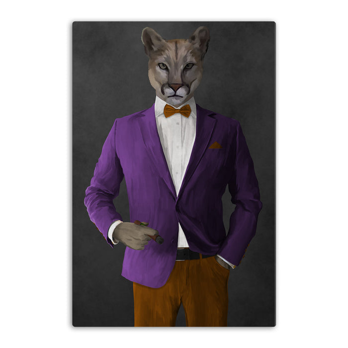 Cougar Smoking Cigar Wall Art - Purple and Orange Suit