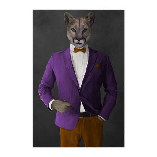 Cougar Smoking Cigar Wall Art - Purple and Orange Suit