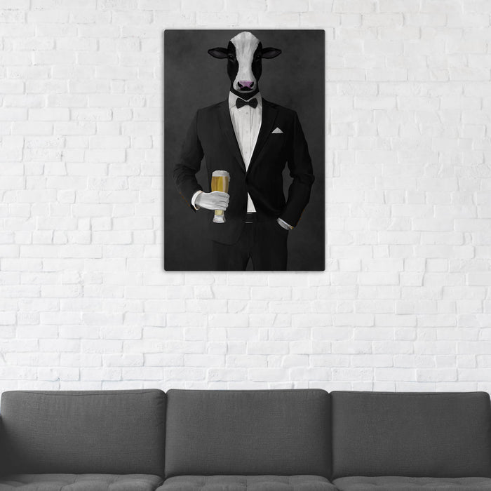 Cow Drinking Beer Wall Art - Black Suit