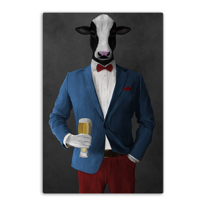 Cow Drinking Beer Wall Art - Blue and Red Suit