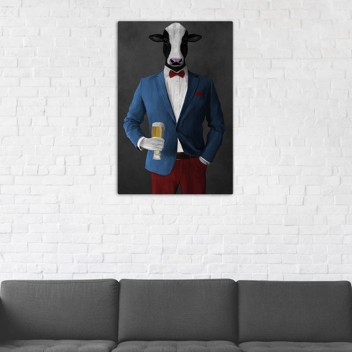 Cow Drinking Beer Wall Art - Blue and Red Suit