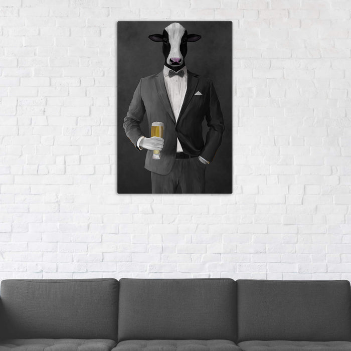 Cow Drinking Beer Wall Art - Gray Suit