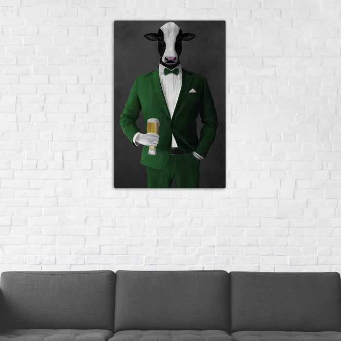 Cow Drinking Beer Wall Art - Green Suit
