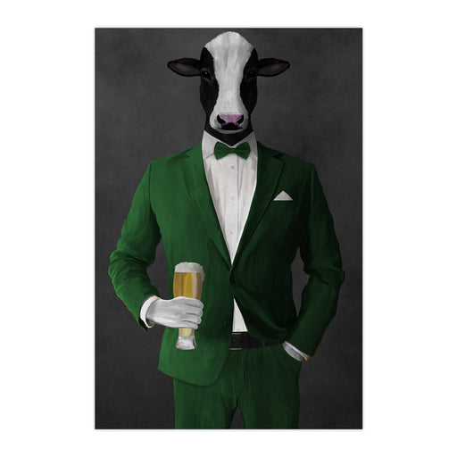 Cow Drinking Beer Wall Art - Green Suit