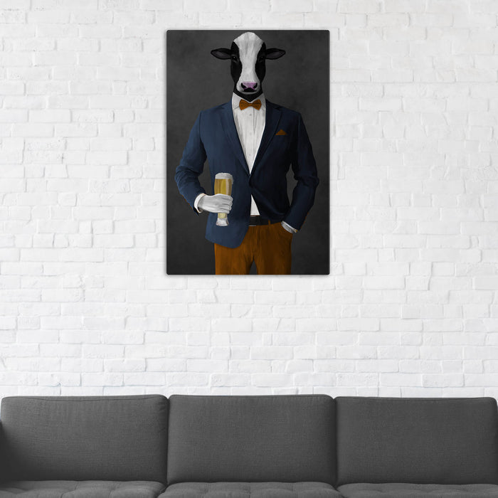 Cow Drinking Beer Wall Art - Navy and Orange Suit