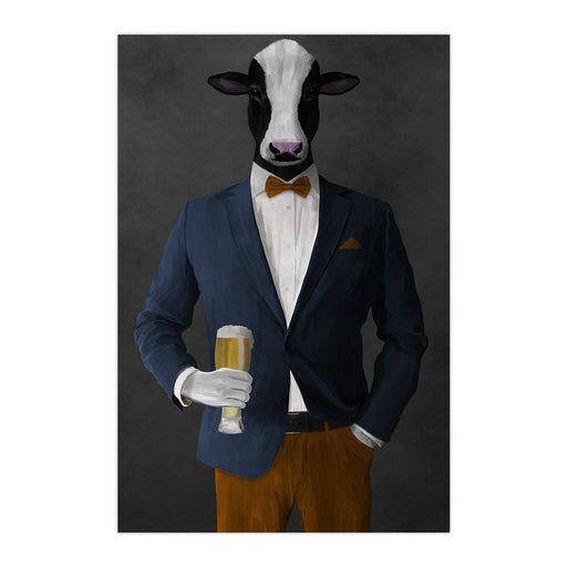 Cow Drinking Beer Wall Art - Navy and Orange Suit