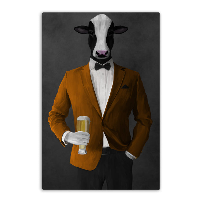 Cow Drinking Beer Wall Art - Orange and Black Suit