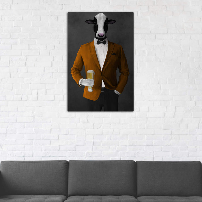 Cow Drinking Beer Wall Art - Orange and Black Suit