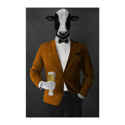 Cow Drinking Beer Wall Art - Orange and Black Suit