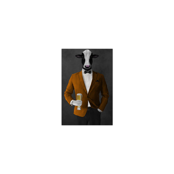 Cow Drinking Beer Wall Art - Orange and Black Suit